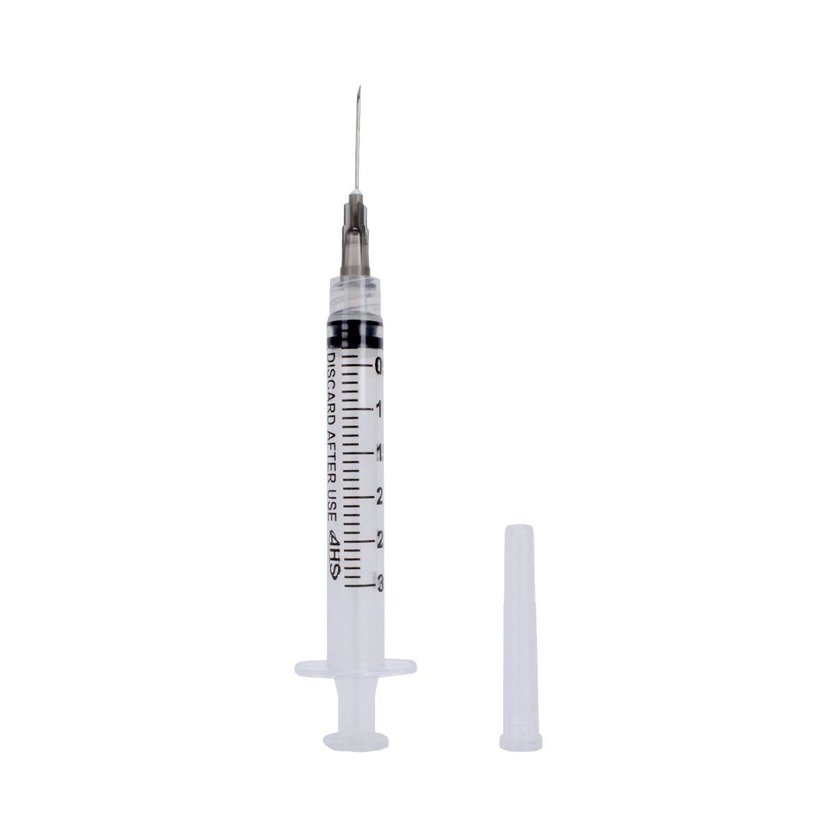 Syringe & Needle, 3mL, Luer Lock, Hypodermic, Vet Use, by American Health Service,"Clear syringe with attached needle and separate cap"