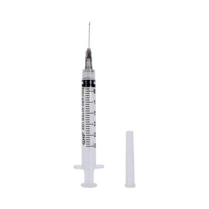 Syringe & Needle, 3mL, Luer Lock, Hypodermic, Vet Use, by American Health Service,"Clear syringe with attached needle and separate cap"