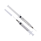 Syringe & Needle, 3mL, Luer Lock, Hypodermic, Vet Use, by American Health Service,"Two clear syringes with attached needles, one plunger removed"