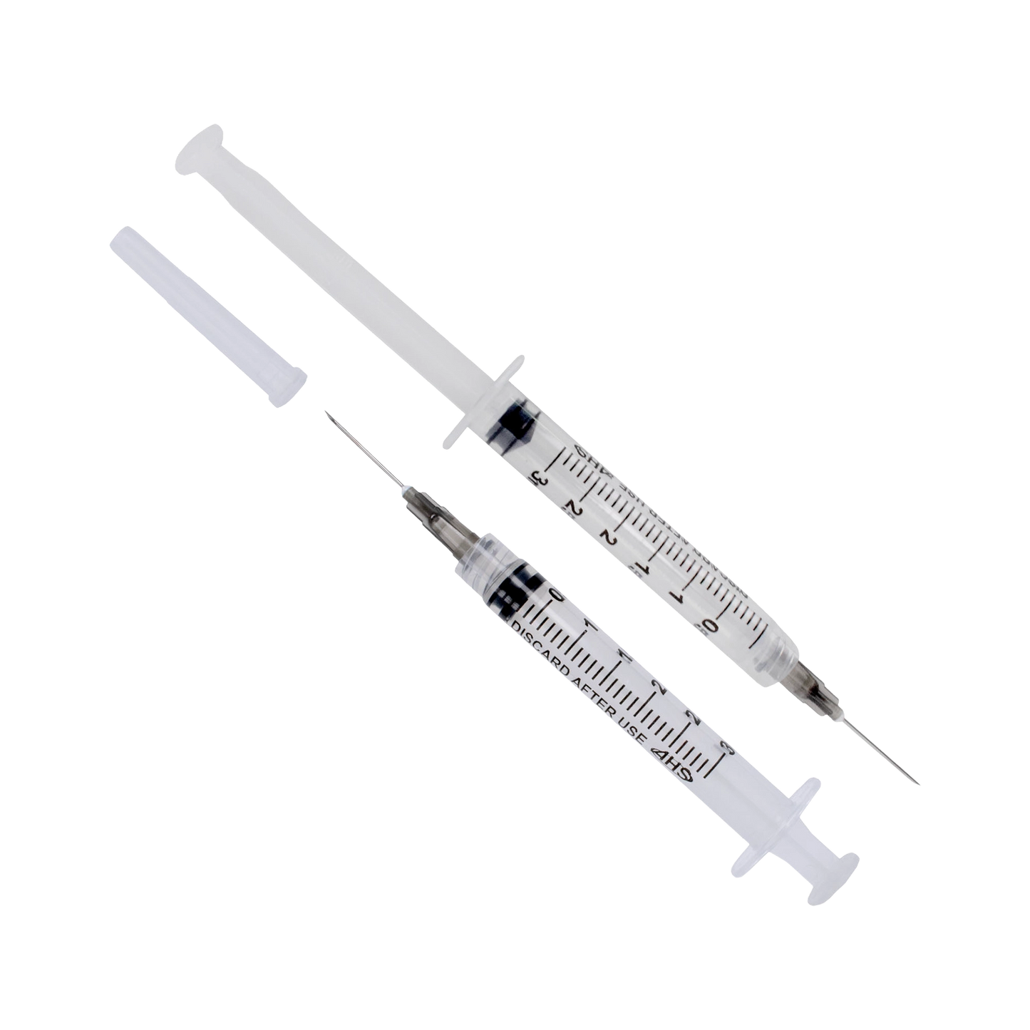 Syringe & Needle, 3mL, Luer Lock, Hypodermic, Vet Use, by American Health Service,"Two clear syringes with attached needles, one plunger removed"
