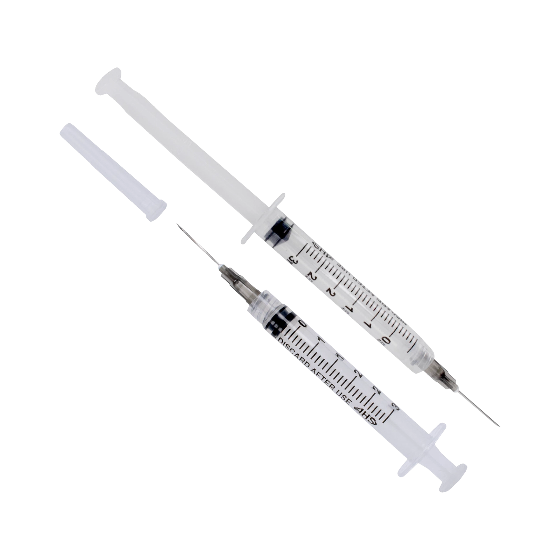 Syringe & Needle, 3mL, Luer Lock, Hypodermic, Vet Use, by American Health Service,"Two clear syringes with attached needles, one plunger removed"