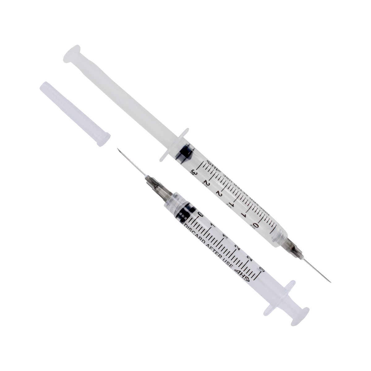 Syringe & Needle, 3mL, Luer Lock, Hypodermic, Vet Use, by American Health Service,"Two clear syringes with attached needles, one plunger removed"