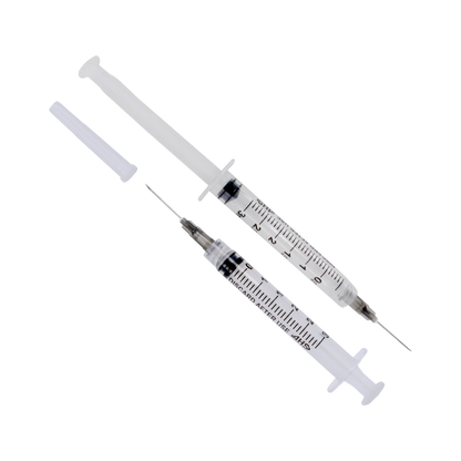 Syringe & Needle, 3mL, Luer Lock, Hypodermic, Vet Use, by American Health Service,"Two clear syringes with attached needles, one plunger removed"