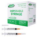 Syringe & Needle, 3mL, Luer Lock, Hypodermic, Vet Use, by American Health Service,"Box with two 3 mL syringes, one capped and one with needle"