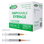 Syringe & Needle, 3mL, Luer Lock, Hypodermic, Vet Use, by American Health Service,"Box with two 3 mL syringes, one capped and one with needle"