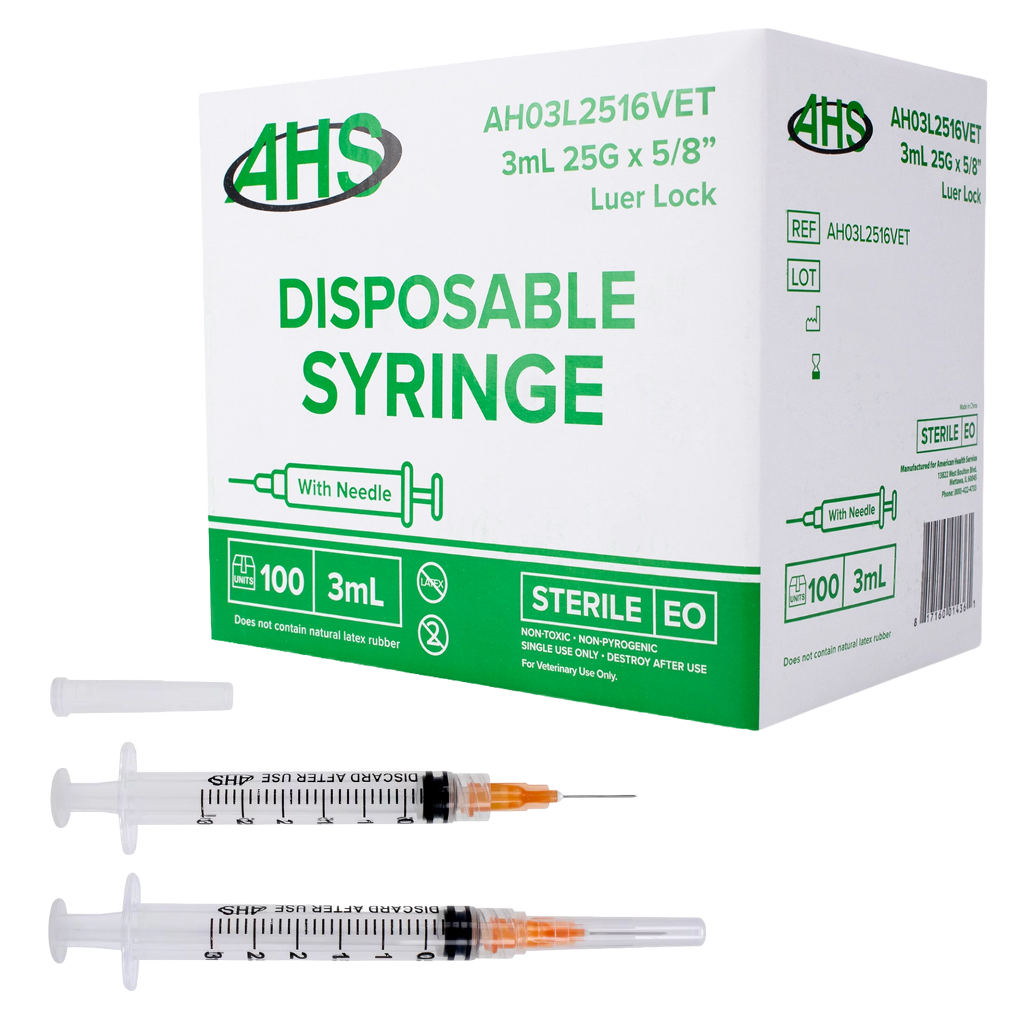 Syringe & Needle, 3mL, Luer Lock, Hypodermic, Vet Use, by American Health Service,"Box with two 3 mL syringes, one capped and one with needle"