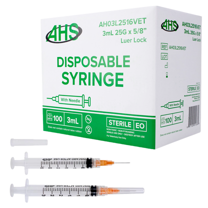 Syringe & Needle, 3mL, Luer Lock, Hypodermic, Vet Use, by American Health Service,"Box with two 3 mL syringes, one capped and one with needle"