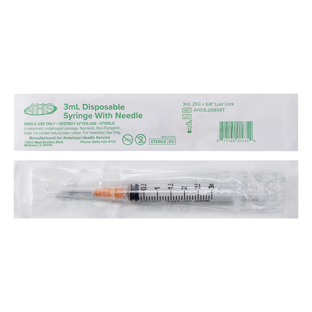Syringe & Needle, 3mL, Luer Lock, Hypodermic, Vet Use, by American Health Service,"Individually wrapped syringe with attached needle in outer pouch"