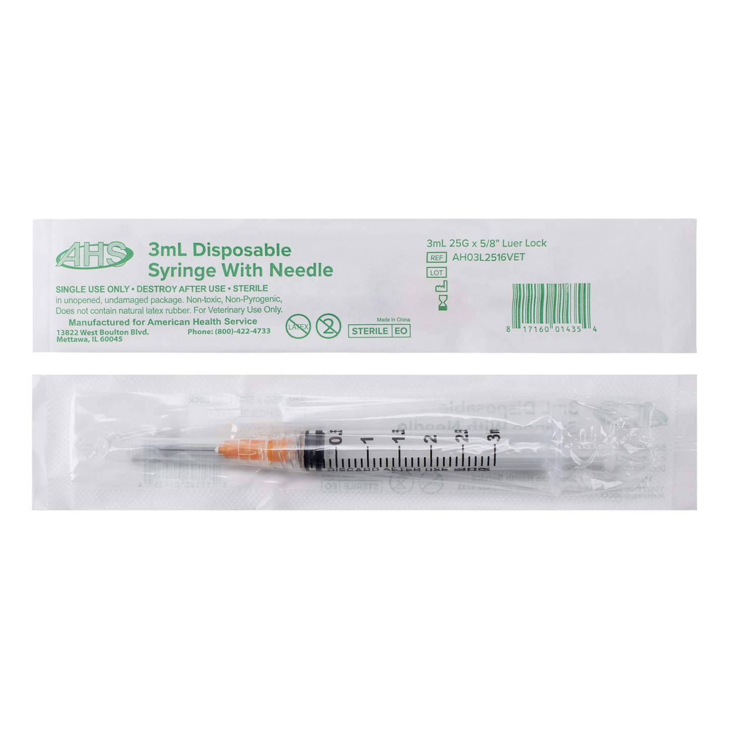 Syringe & Needle, 3mL, Luer Lock, Hypodermic, Vet Use, by American Health Service,"Individually wrapped syringe with attached needle in outer pouch"