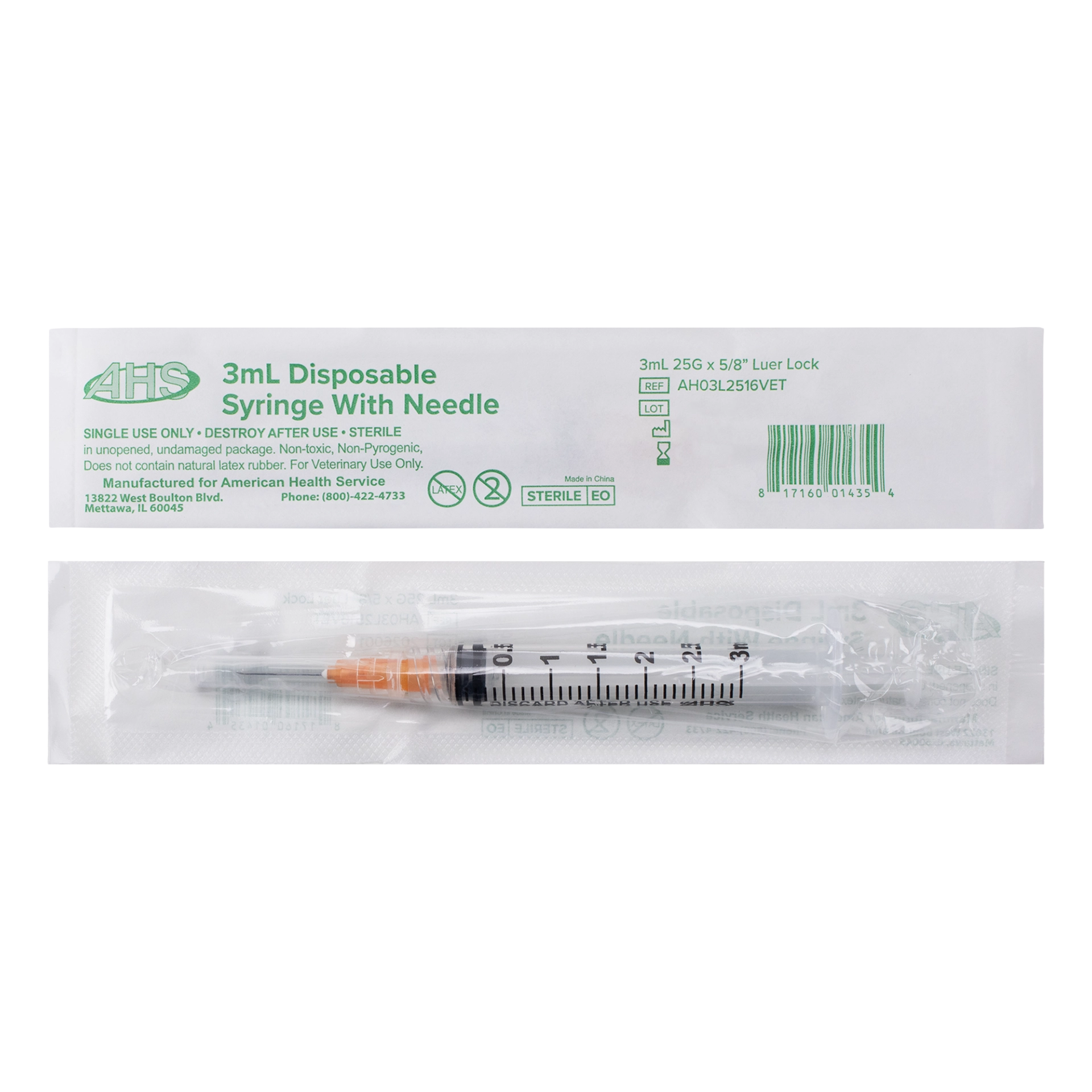 Syringe & Needle, 3mL, Luer Lock, Hypodermic, Vet Use, by American Health Service,"Individually wrapped syringe with attached needle in outer pouch"