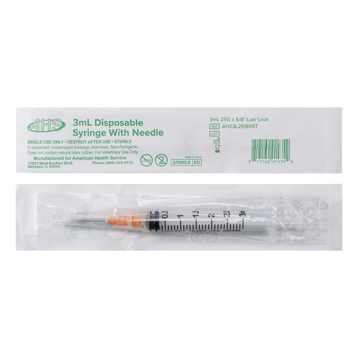 Syringe & Needle, 3mL, Luer Lock, Hypodermic, Vet Use, by American Health Service,"Individually wrapped syringe with attached needle in outer pouch"