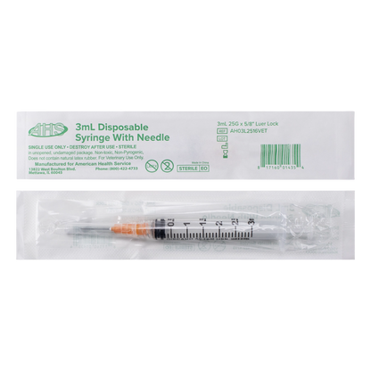 Syringe & Needle, 3mL, Luer Lock, Hypodermic, Vet Use, by American Health Service,"Individually wrapped syringe with attached needle in outer pouch"