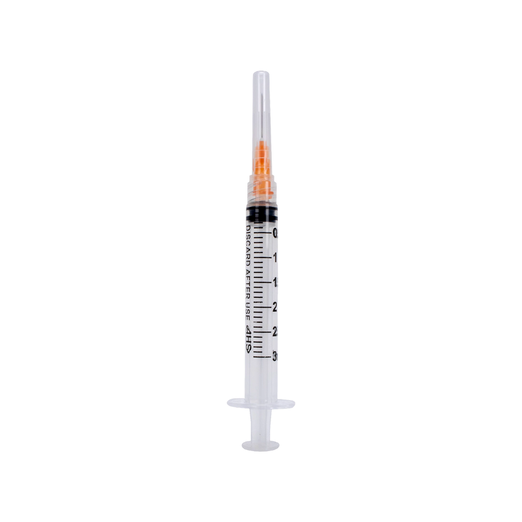 Syringe & Needle, 3mL, Luer Lock, Hypodermic, Vet Use, by American Health Service,"Clear syringe with orange needle cap"
