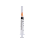 Syringe & Needle, 3mL, Luer Lock, Hypodermic, Vet Use, by American Health Service,"Clear syringe with orange needle cap"