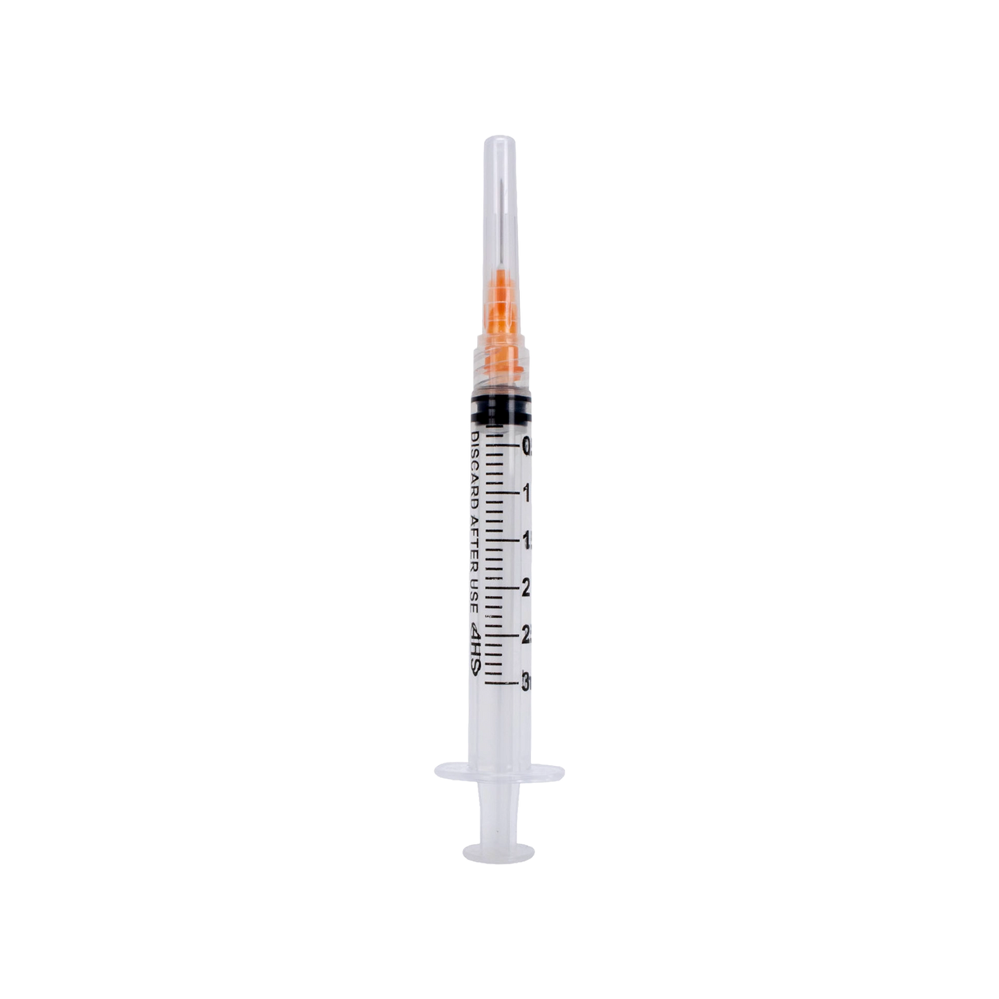 Syringe & Needle, 3mL, Luer Lock, Hypodermic, Vet Use, by American Health Service,"Clear syringe with orange needle cap"