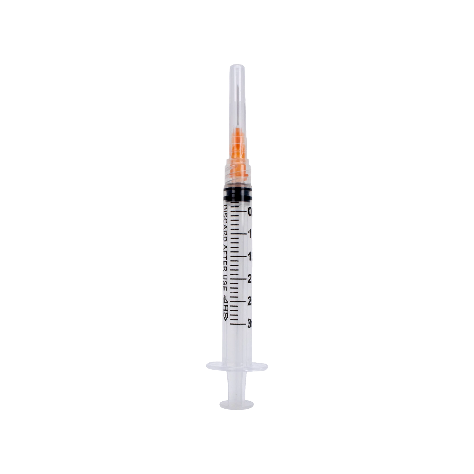 Syringe & Needle, 3mL, Luer Lock, Hypodermic, Vet Use, by American Health Service,"Clear syringe with orange needle cap"