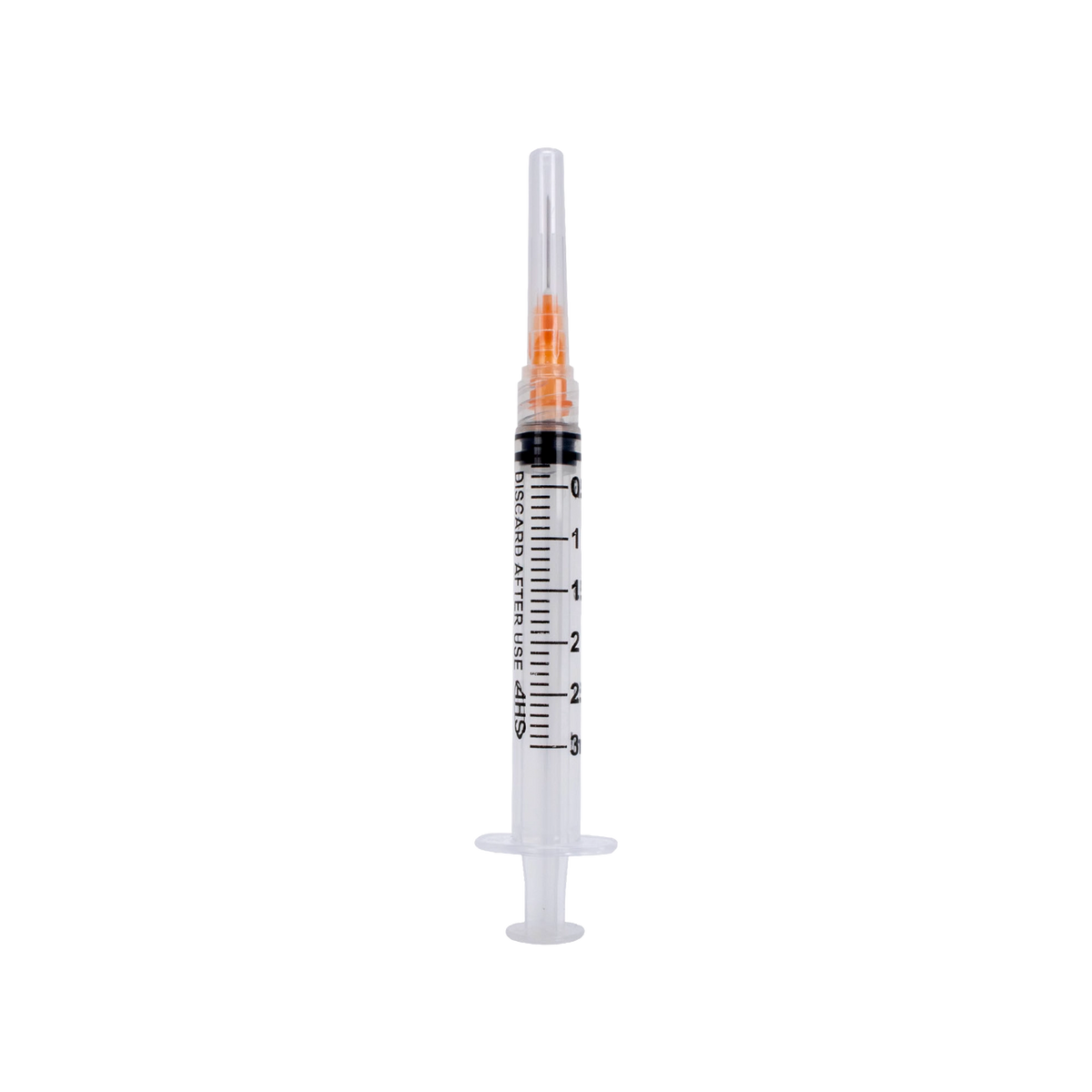 Syringe & Needle, 3mL, Luer Lock, Hypodermic, Vet Use, by American Health Service,"Clear syringe with orange needle cap"