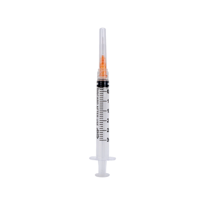 Syringe & Needle, 3mL, Luer Lock, Hypodermic, Vet Use, by American Health Service,"Clear syringe with orange needle cap"