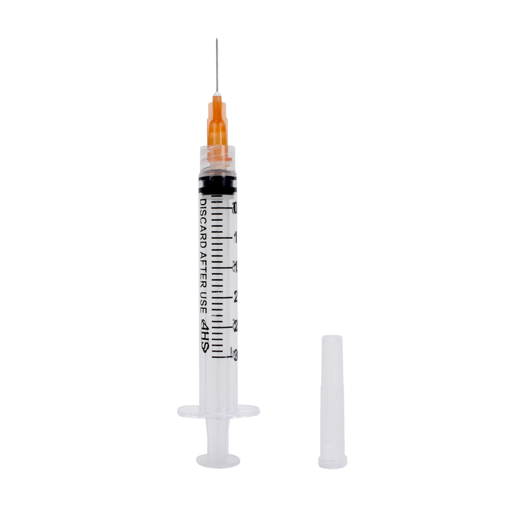 "Syringe & Needle, 3mL, Luer Lock, Hypodermic, Vet Use, by American Health Service","Clear syringe with orange needle hub and separate cap"