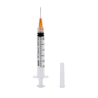 "Syringe & Needle, 3mL, Luer Lock, Hypodermic, Vet Use, by American Health Service","Clear syringe with orange needle hub and separate cap"