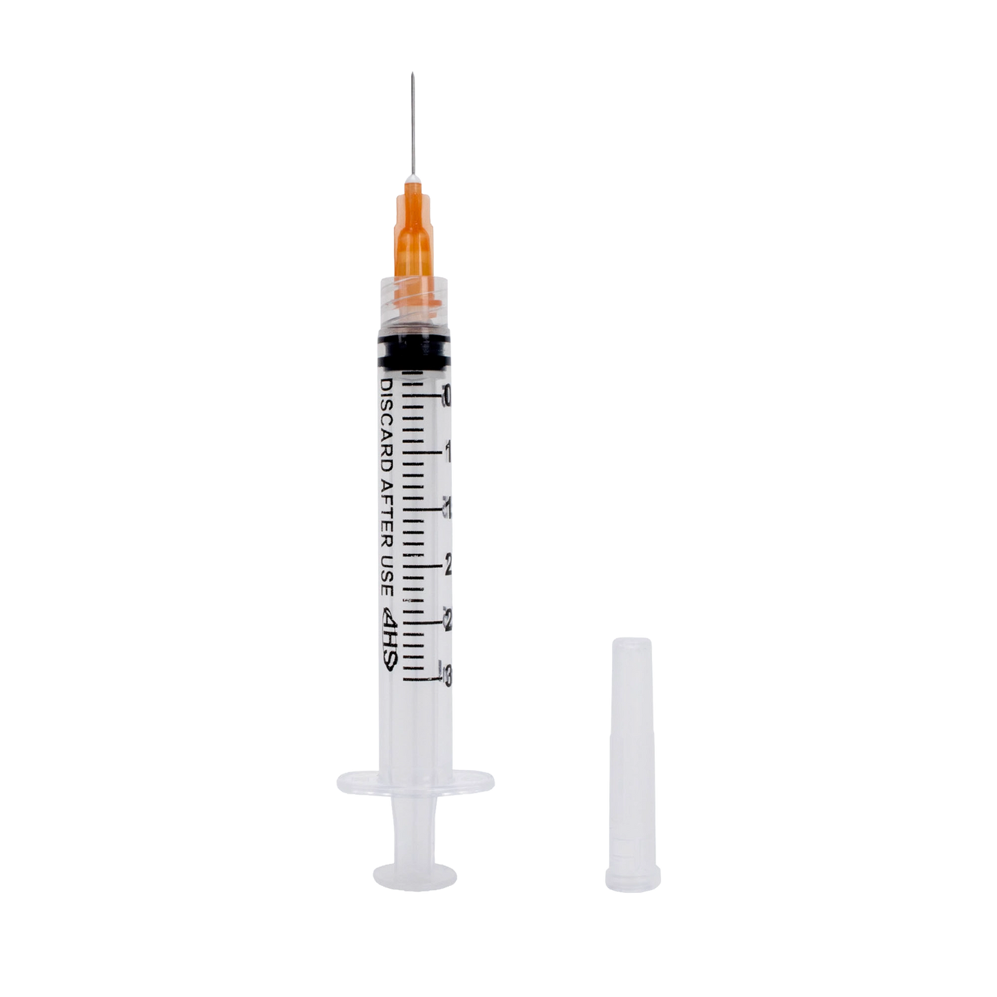 "Syringe & Needle, 3mL, Luer Lock, Hypodermic, Vet Use, by American Health Service","Clear syringe with orange needle hub and separate cap"