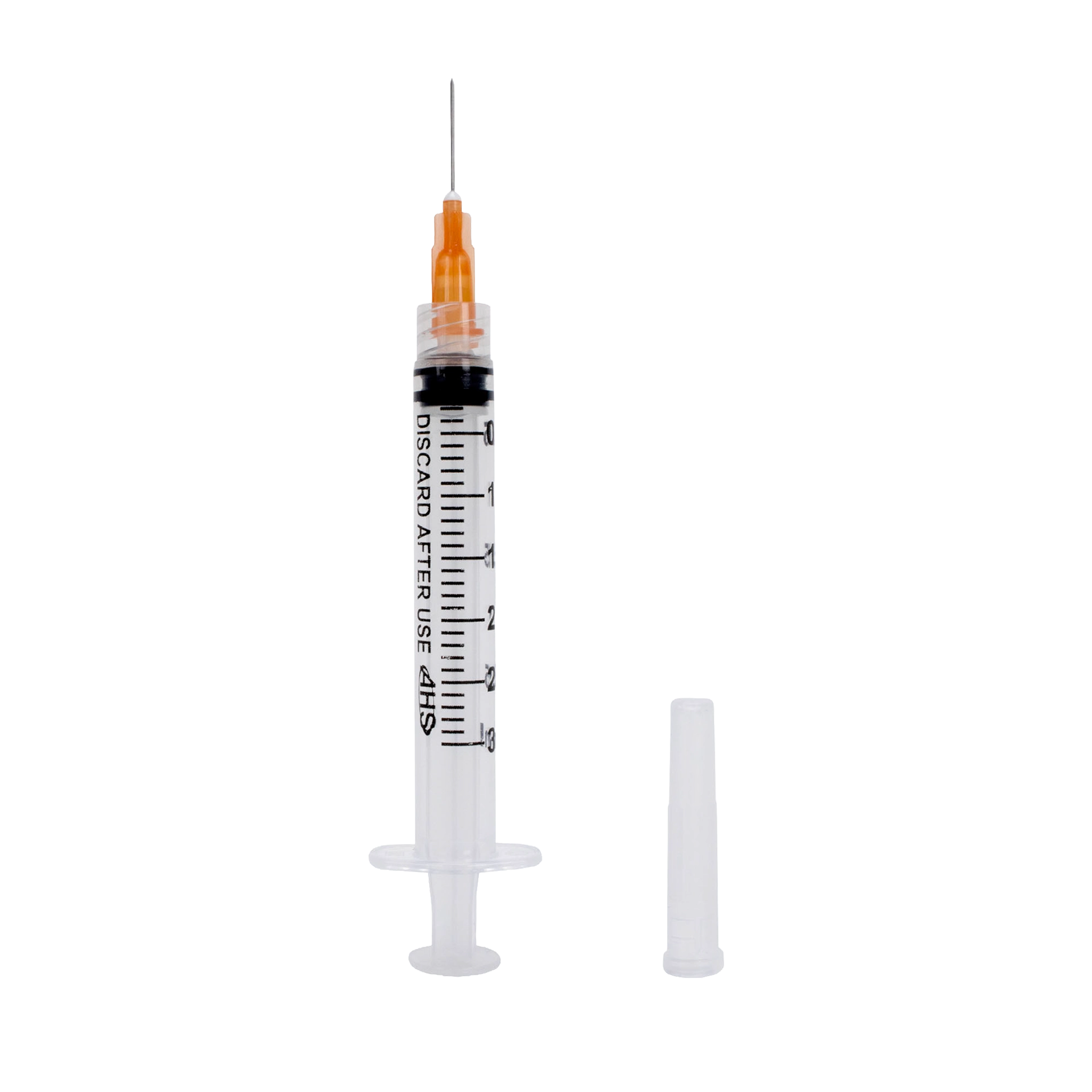 "Syringe & Needle, 3mL, Luer Lock, Hypodermic, Vet Use, by American Health Service","Clear syringe with orange needle hub and separate cap"