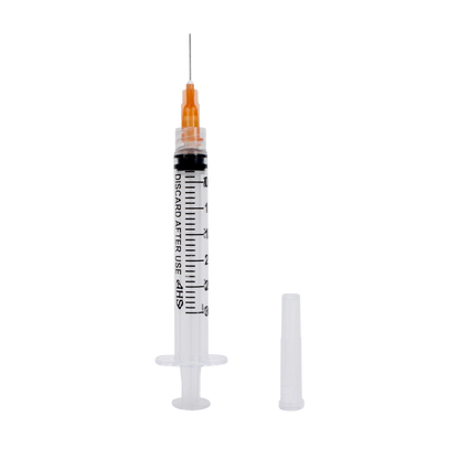 "Syringe & Needle, 3mL, Luer Lock, Hypodermic, Vet Use, by American Health Service","Clear syringe with orange needle hub and separate cap"