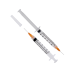 Syringe & Needle, 3mL, Luer Lock, Hypodermic, Vet Use, by American Health Service,"Two clear syringes with orange needle hubs and one cap"