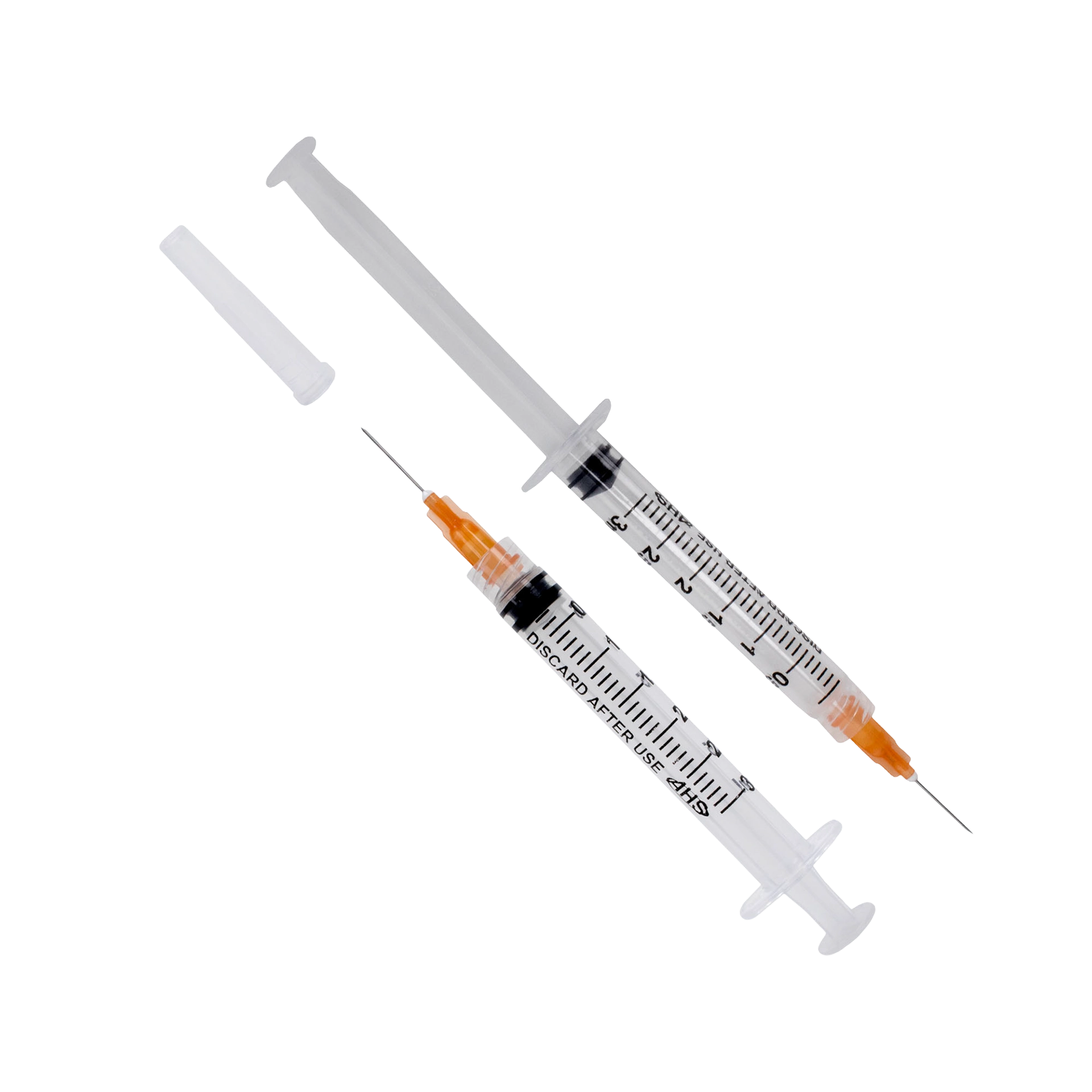 Syringe & Needle, 3mL, Luer Lock, Hypodermic, Vet Use, by American Health Service,"Two clear syringes with orange needle hubs and one cap"
