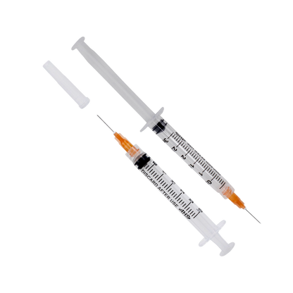 Syringe & Needle, 3mL, Luer Lock, Hypodermic, Vet Use, by American Health Service,"Two clear syringes with orange needle hubs and one cap"
