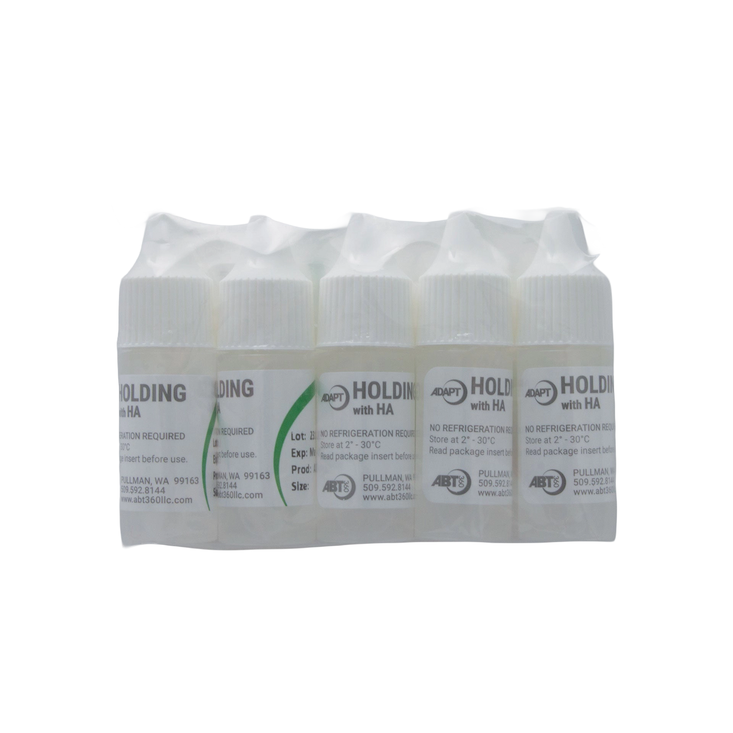 ABT360 Holding Media Adapt with HA,"Five small bottles bundled in clear plastic wrap"