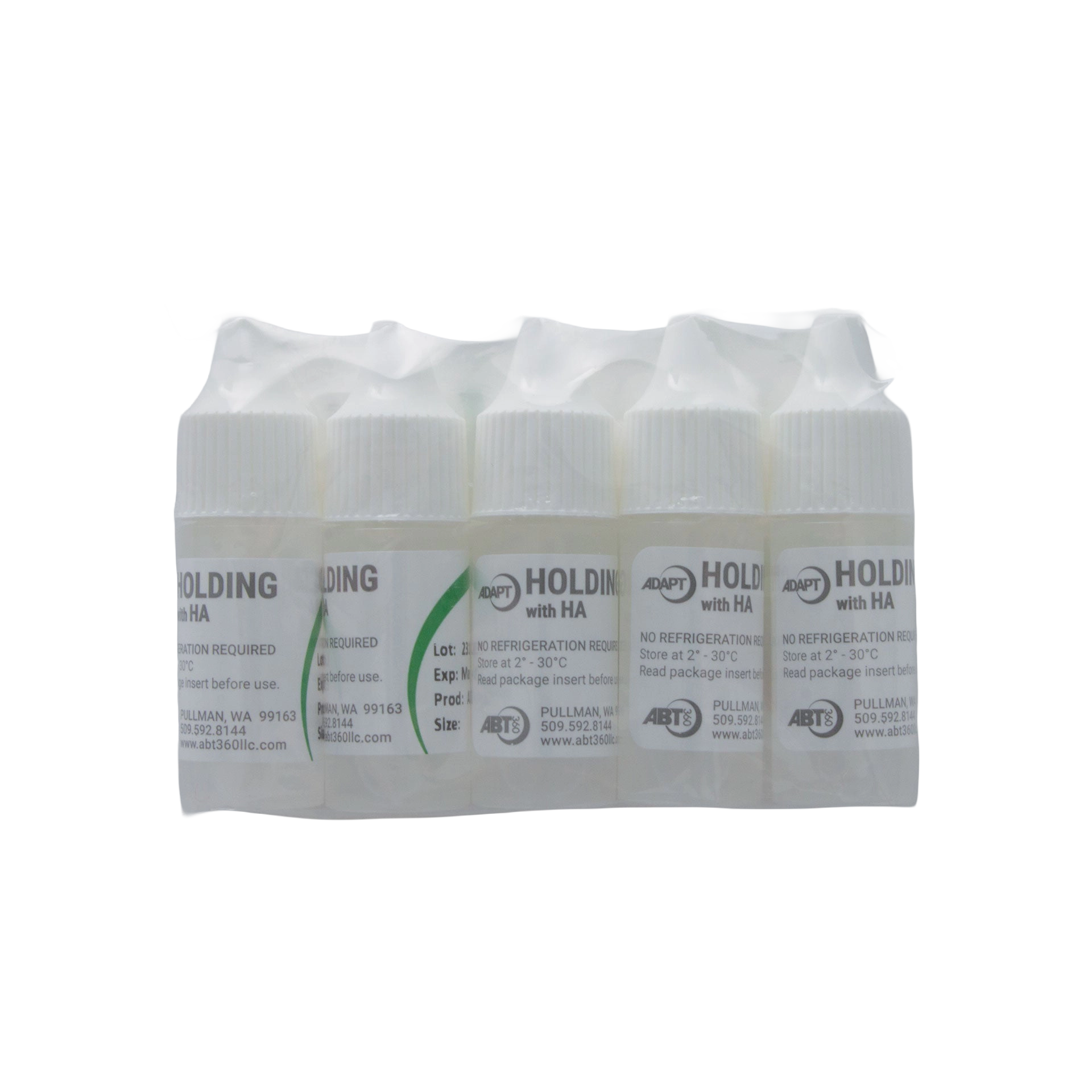 ABT360 Holding Media Adapt with HA,"Five small bottles bundled in clear plastic wrap"