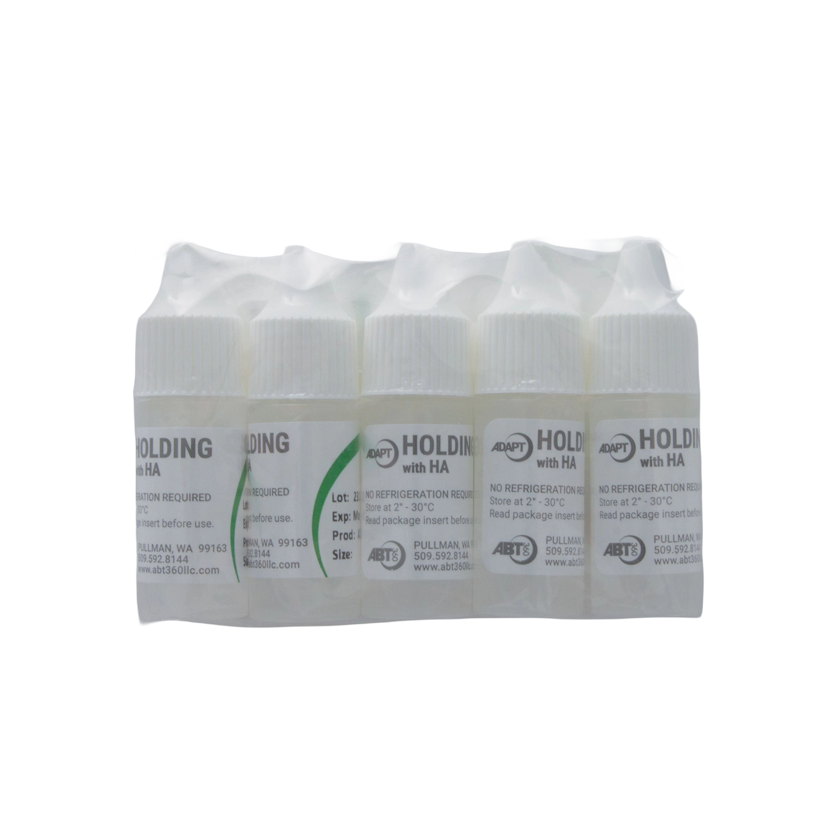 ABT360 Holding Media Adapt with HA,"Five small bottles bundled in clear plastic wrap"