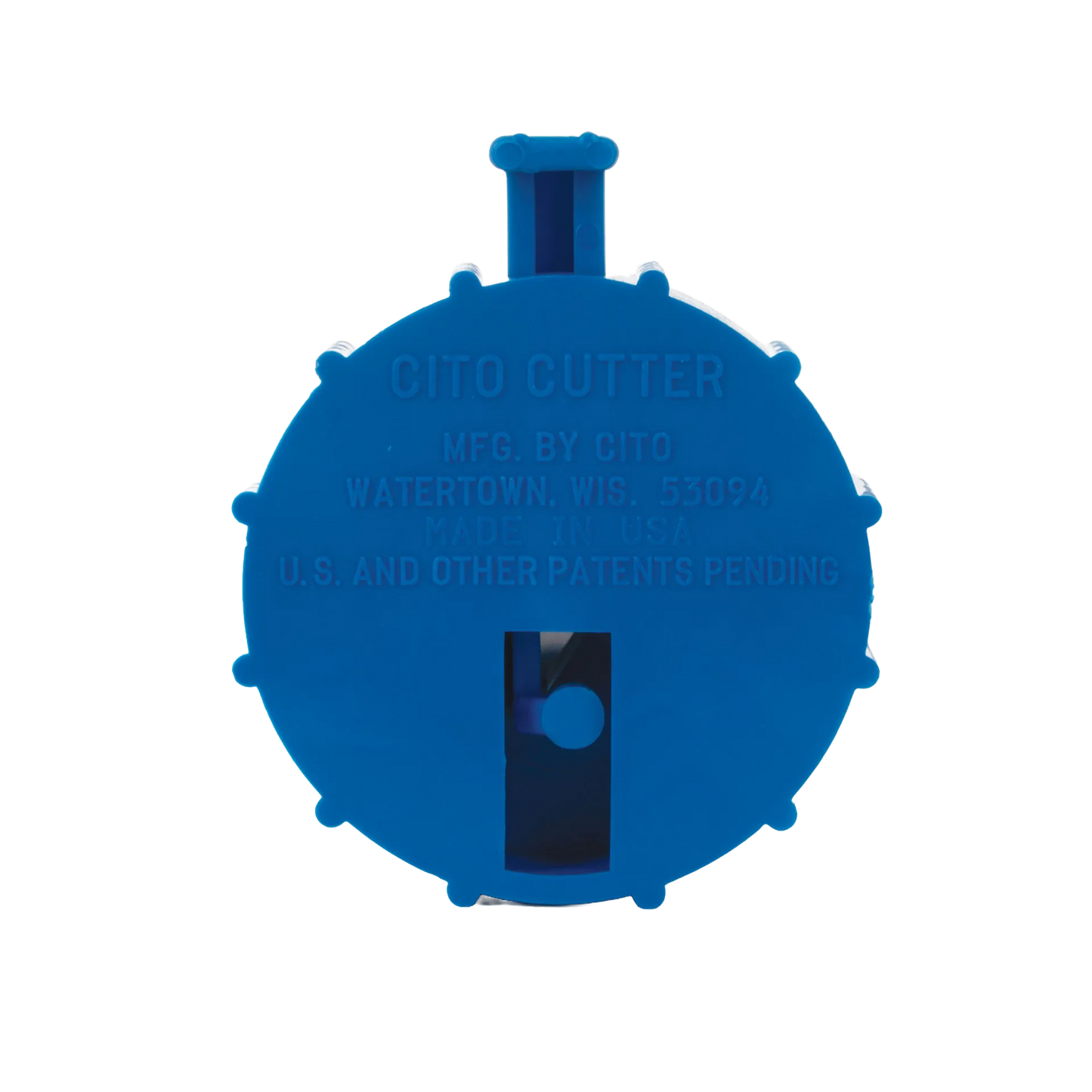 Straw Cutter,"Blue round cutter with central blade slot"