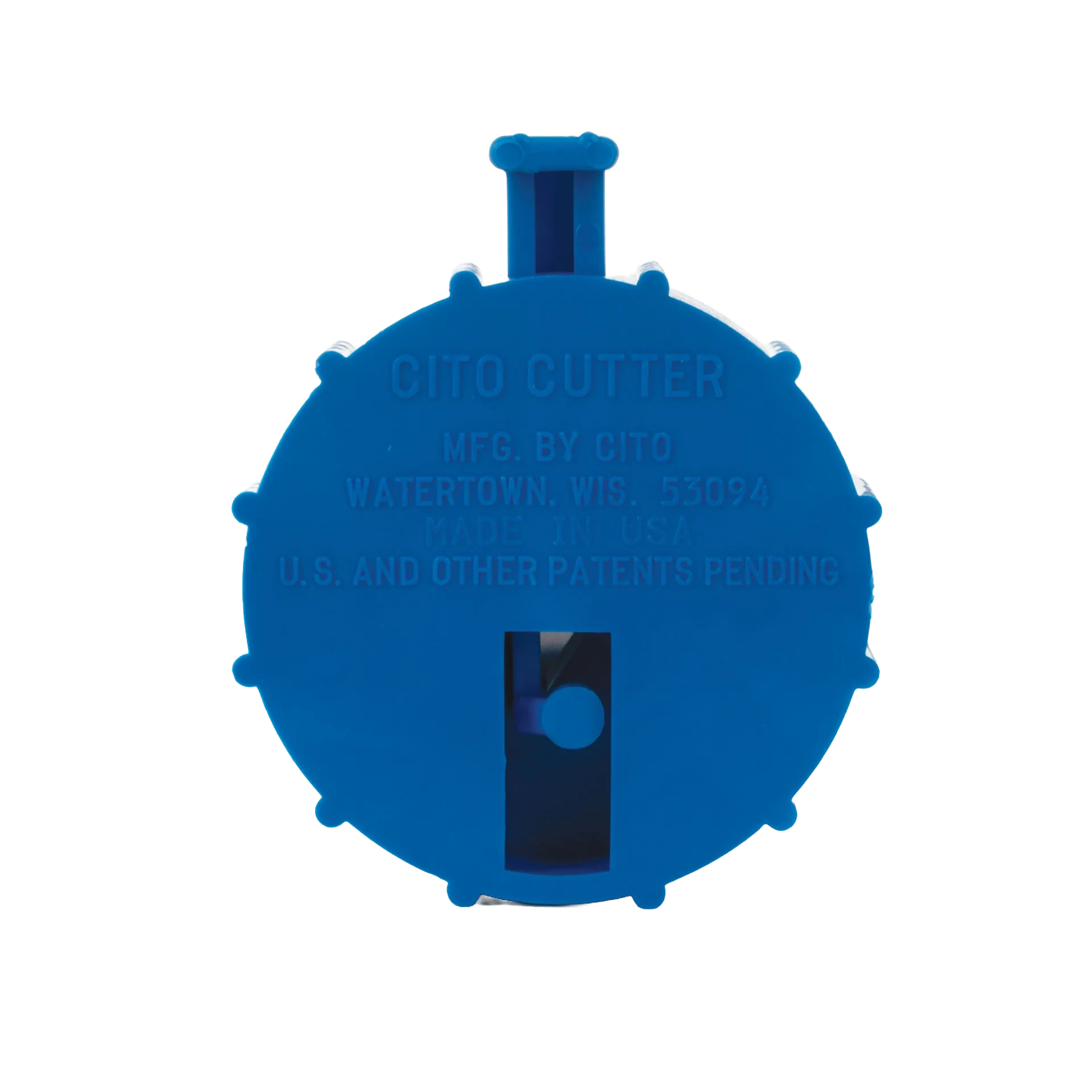 Straw Cutter,"Blue round cutter with central blade slot"