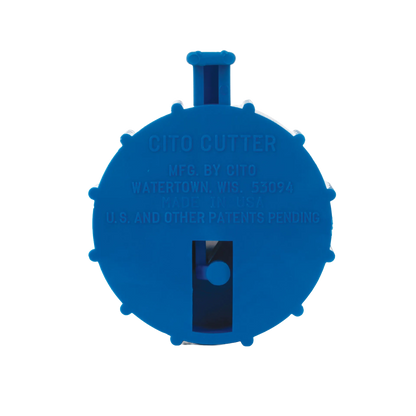 Straw Cutter,"Blue round cutter with central blade slot"