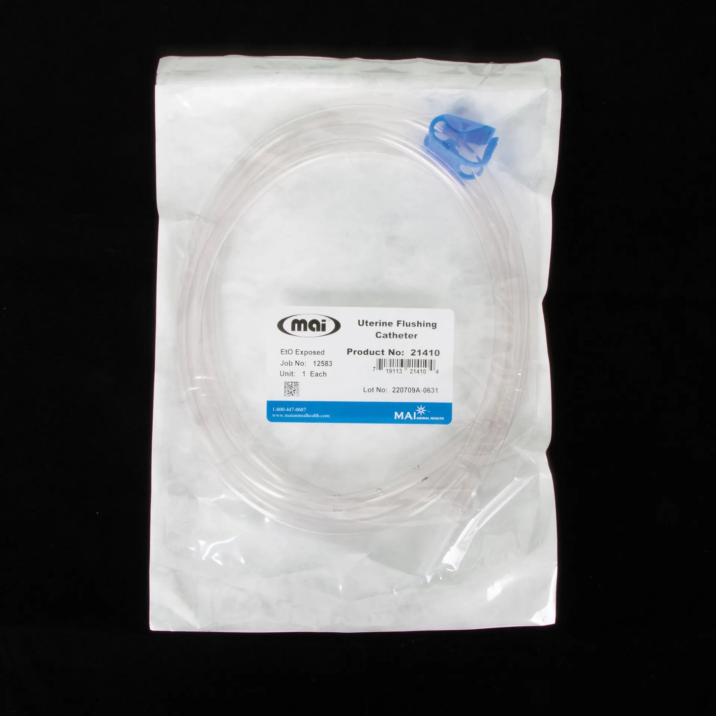 Uterine Flushing/Lavage Catheter,"Coiled clear catheter in sealed pouch with blue clamp"