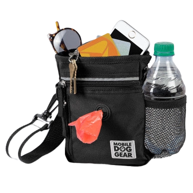 Day/Night Walking Bag,"Black crossbody bag with front zip pocket, bottle holder, and leash clip"