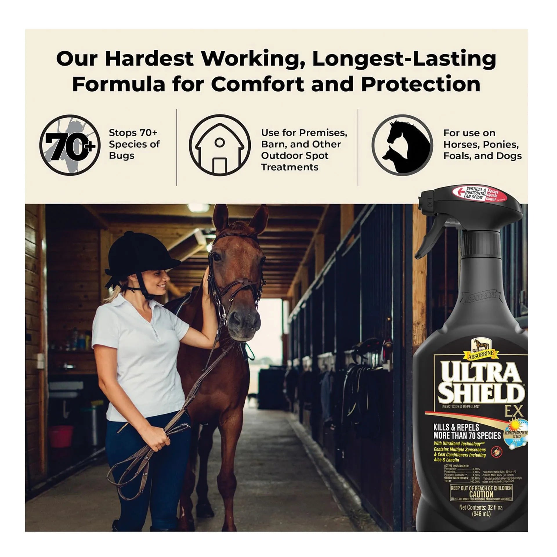 UltraShield® EX Insecticide & Repellent,"Spray bottle beside horse and rider in barn aisle"