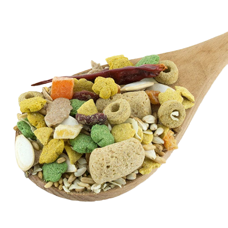 ZuPreem Smart Selects,"Wooden spoon filled with mixed bird food pieces and seeds"