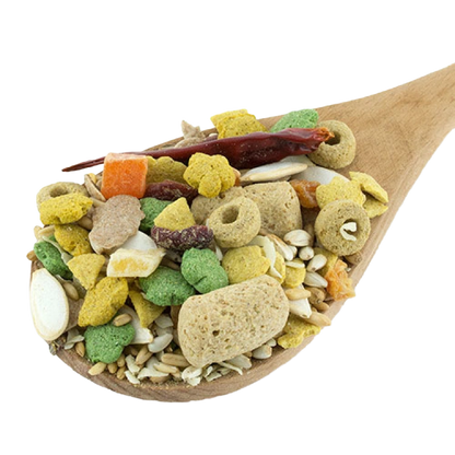 ZuPreem Smart Selects,"Wooden spoon filled with mixed bird food pieces and seeds"