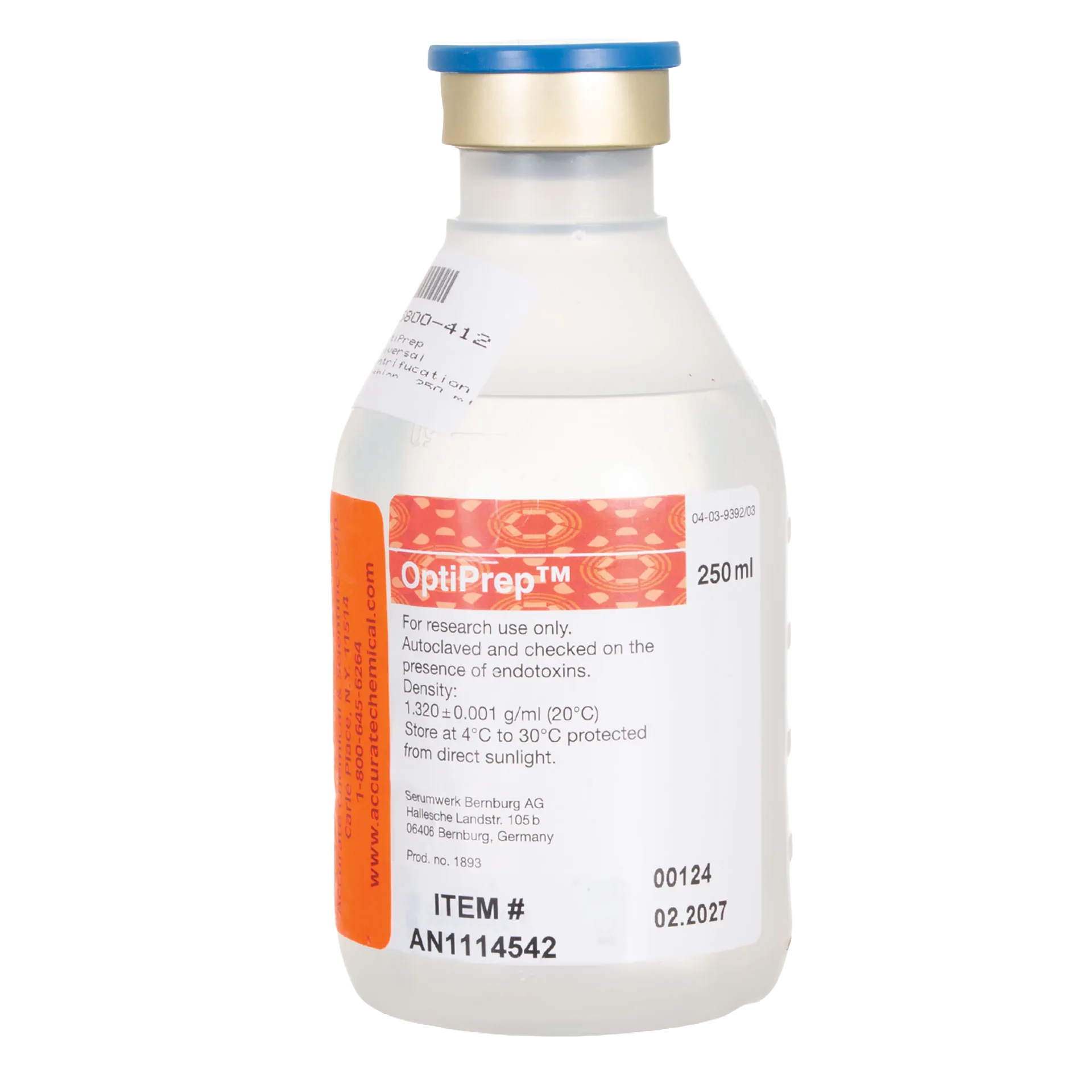 OptiPrep Universal Centrifucation Cushion,"White reagent bottle with blue cap and front label"