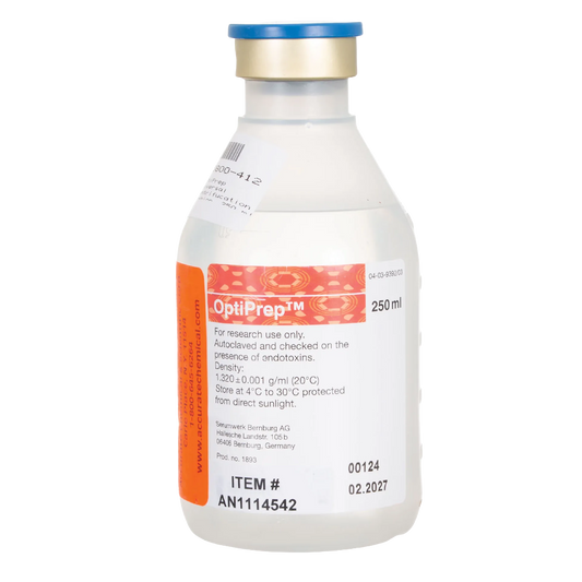 OptiPrep Universal Centrifucation Cushion,"White reagent bottle with blue cap and front label"