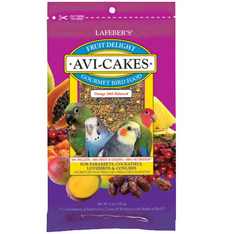 Lafeber Avi-Cakes Fruit Delight Bird Food,"Front view of bird food bag with fruit and three birds"