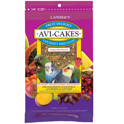 Lafeber Avi-Cakes Fruit Delight Bird Food,"Front view of bird food bag with fruit and three birds"