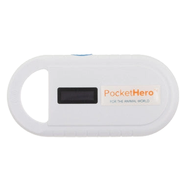 Pocket Hero™ ISO Microchip Scanner,"White handheld scanner with small display screen"