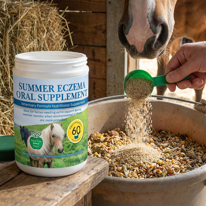 Summer Eczema,"Open supplement tub beside horse feed with green scoop"