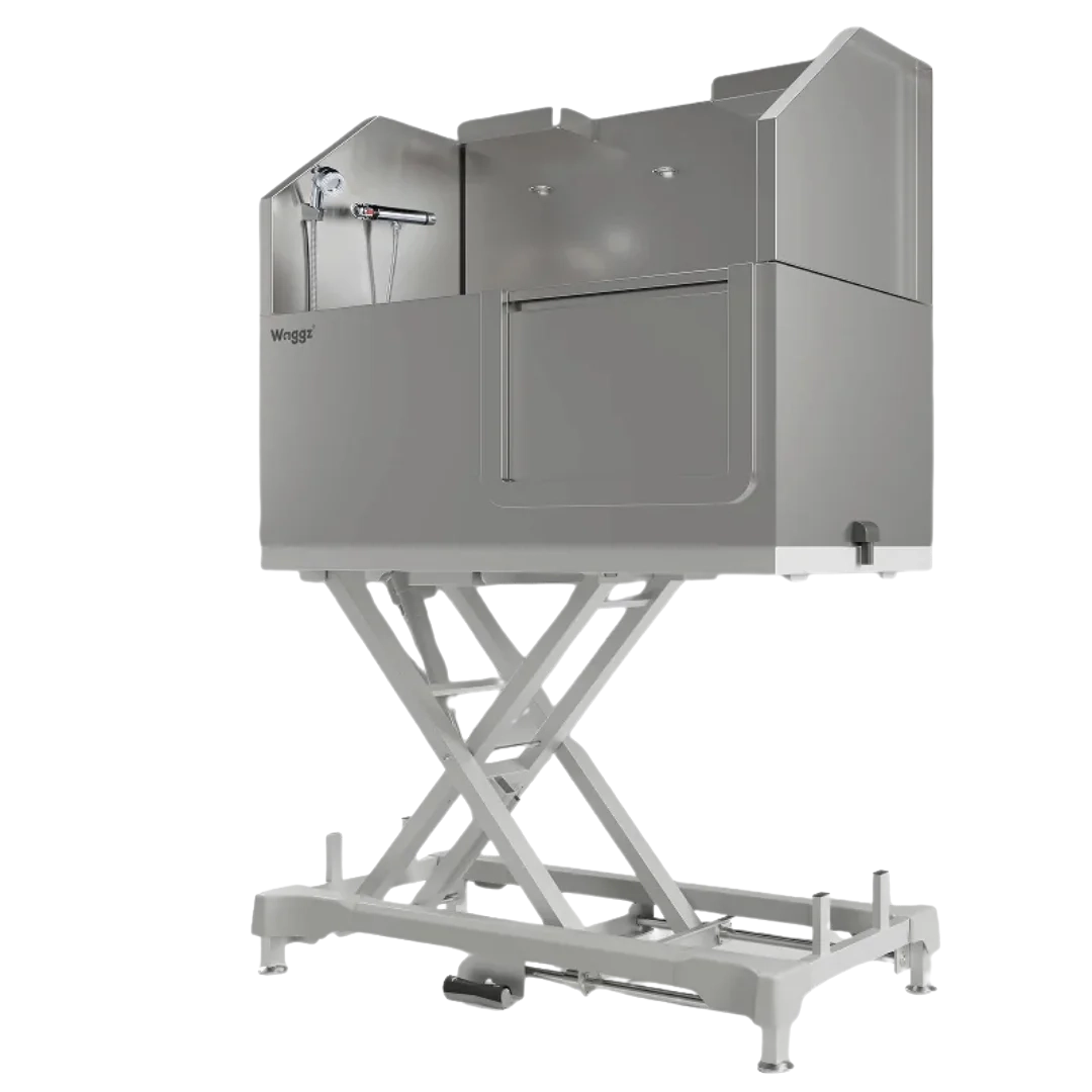 Dog Grooming Electric Tub with Sliding Door by Waggz,"Elevated stainless steel grooming tub with sliding door and lift base"