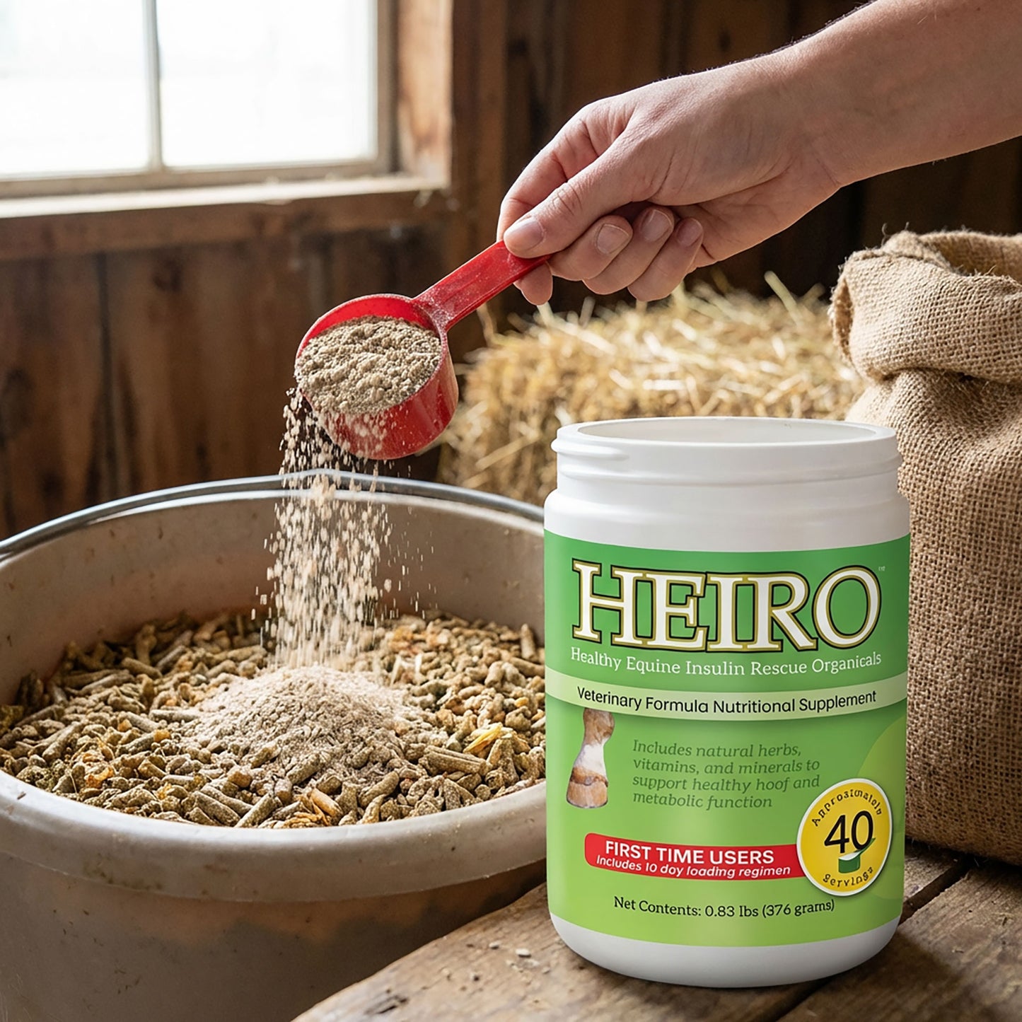 Heiro™,"Open supplement tub beside feed bowl with red scoop pouring powder"