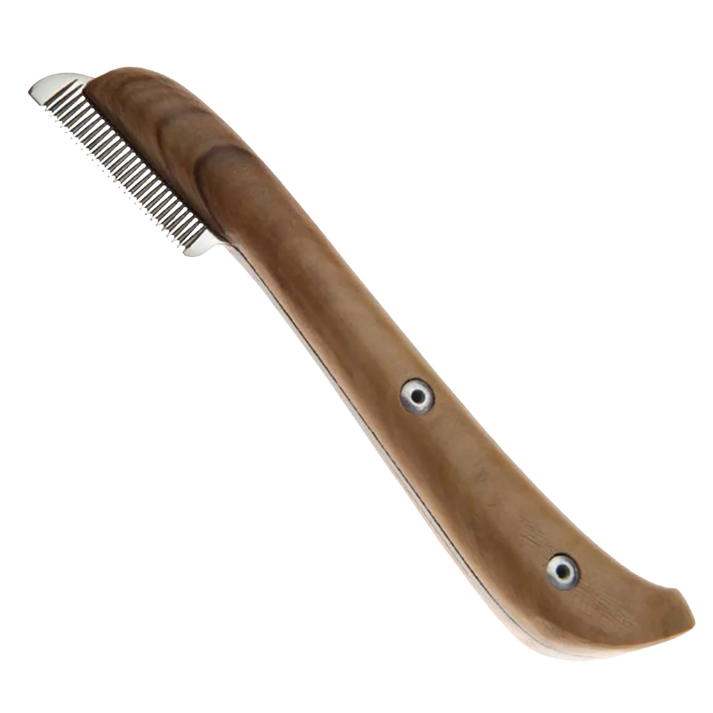 Aaronco Fine Stripping Knife,"Wooden handled stripping knife with fine metal teeth"